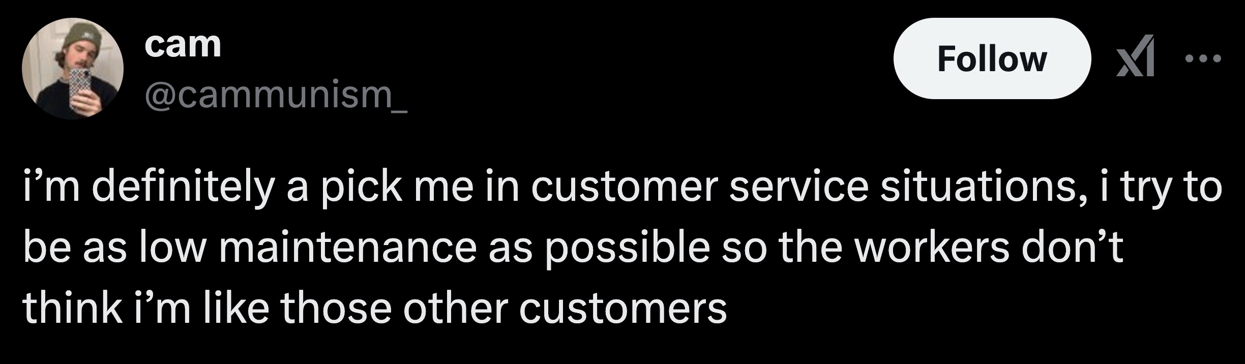 parallel - cam i'm definitely a pick me in customer service situations, i try to be as low maintenance as possible so the workers don't think i'm those other customers